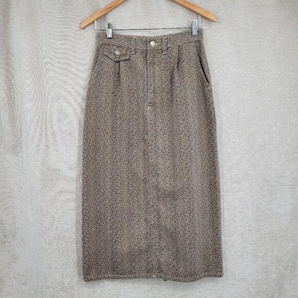 Vivaldi Jeanswear Vintage Classic Brown Herringbone Denim Midi Skirt 80s - Picture 4 of 13